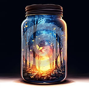 Firefly jar with a night dreamy dusk forest ambience inside of it Generative AI