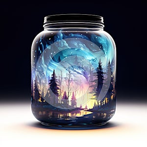 Firefly jar with a night dreamy dusk forest ambience inside of it Generative AI