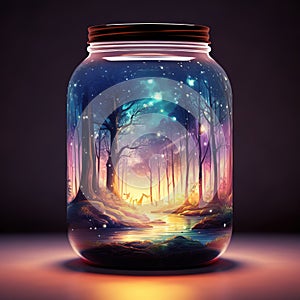 Firefly jar with a night dreamy dusk forest ambience inside of it Generative AI