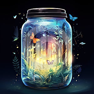 Firefly jar with a night dreamy dusk forest ambience inside of it Generative AI