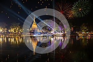 Beautiful Firework Reflection Over Old Pagoda Loy Krathong Festival Sukhothai Thailand Amazing Historic Town. Colorful, city