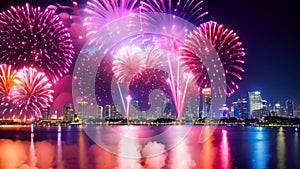 beautiful firework show for celebration happy new year and merry christmas, Colorful fireworks of various colors over the Chao