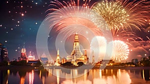 Beautiful firework show at Wat Arun, Bangkok, Thailand, Beautiful firework show for celebration with blur bokeh light over Phra