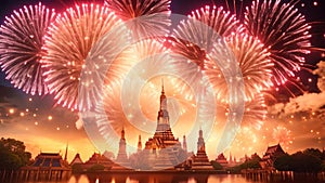 Beautiful firework show and Wat Arun at night, Bangkok, Thailand, Beautiful firework show for celebration with blurred bokeh light