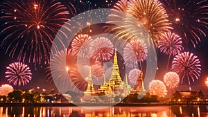 Beautiful firework show at Wat Arun temple, Bangkok, Thailand, Beautiful firework show for celebration with blur bokeh light over