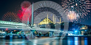 Beautiful fireworks above Bosphorus bridge at night Istanbul