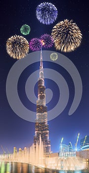 Beautiful fireworks above dancing fountain Burj Khalifa in Dubai, UAE