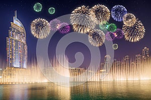 Beautiful fireworks above dancing fountain Burj Khalifa in Dubai, UAE