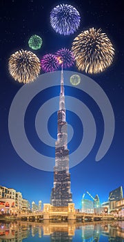 Beautiful fireworks above dancing fountain Burj Khalifa in Dubai, UAE