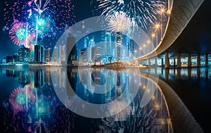 Beautiful fireworks above Dubai Business bay, UAE