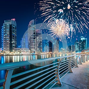 Beautiful fireworks above Dubai Marina bay, UAE