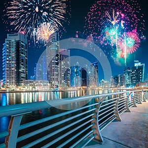 Beautiful fireworks above Dubai Marina bay, UAE