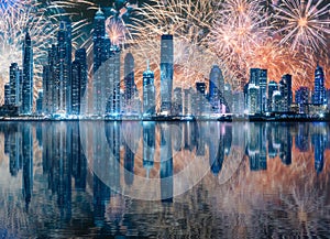 Beautiful fireworks above Dubai Marina bay, UAE