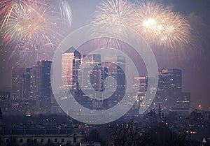 Beautiful fireworks above London. New Years Eve, view from Greenwich Point Hill