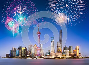 Beautiful fireworks above Shanghai skyline at night