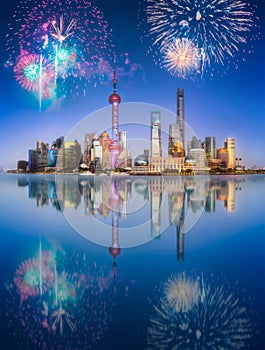 Beautiful fireworks above Shanghai skyline at night