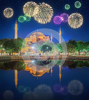 Beautiful fireworks and cityscape of Istanbul