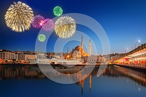 Beautiful fireworks and cityscape of Istanbul