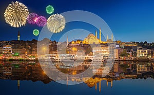 Beautiful fireworks and cityscape of Istanbul