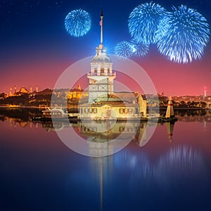 Beautiful fireworks and cityscape of Istanbul