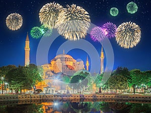 Beautiful fireworks and cityscape of Istanbul