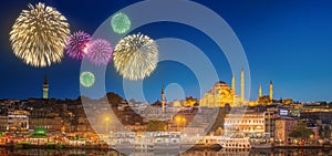 Beautiful fireworks and cityscape of Istanbul