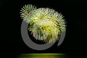 Beautiful fireworks display on evening black sky. In green and golden color holiday background