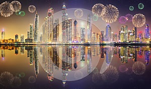 Beautiful fireworks in Dubai marina. UAE