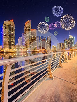 Beautiful fireworks in Dubai marina. UAE