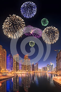 Beautiful fireworks in Dubai marina. UAE