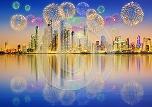 Beautiful fireworks in Dubai marina. UAE