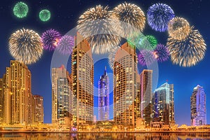 Beautiful fireworks in Dubai marina. UAE