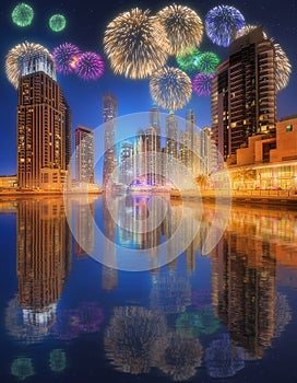 Beautiful fireworks in Dubai marina. UAE