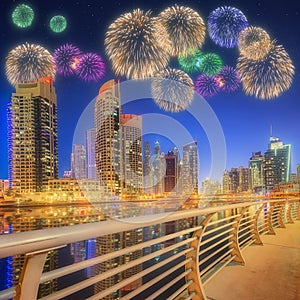 Beautiful fireworks in Dubai marina. UAE