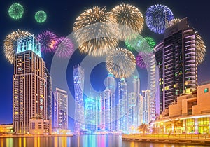 Beautiful fireworks in Dubai marina. UAE