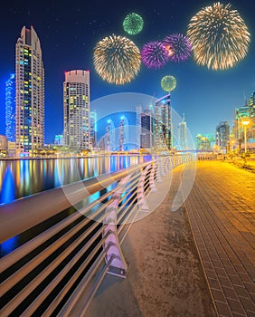 Beautiful fireworks in Dubai marina. UAE