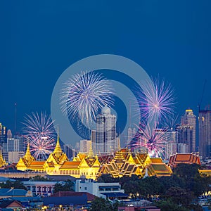 Beautiful fireworks with grand palace and bangkok city in background