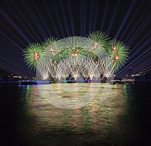 Beautiful fireworks and iconic Bangkok landmarks are illuminated by light displays and projection mapping during the Vijit Chao