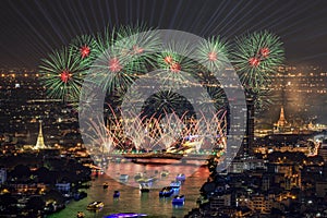 Beautiful fireworks and iconic Bangkok landmarks are illuminated by light displays and projection mapping during the Vijit Chao