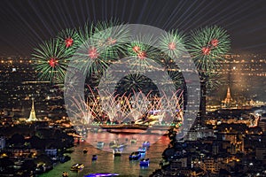 Beautiful fireworks and iconic Bangkok landmarks are illuminated by light displays and projection mapping during the Vijit Chao