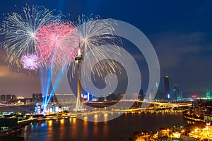 Beautiful Fireworks over Macau tower at night in Macau,China