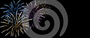 Beautiful fireworks with shining sparks at night sky. Vector illustration