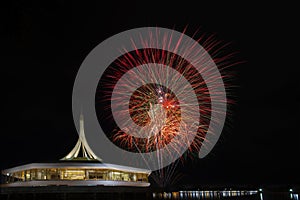 Beautiful fireworks in suan luang rama IX important land mark of bangkok thailand