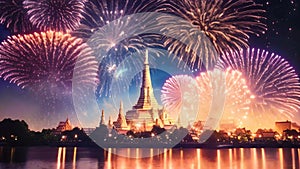 Beautiful Fireworks at Wat Arun Temple, Bangkok, Thailand, Beautiful firework show for celebration with blurred bokeh light over
