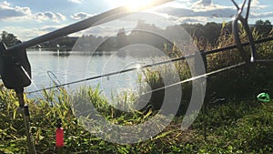 Beautiful fish pond near Badin, Banska Bystrica, Slovakia. Sky and trees mirror reflection in the water. Fishing place.