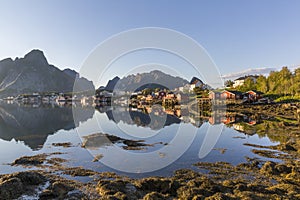 Beautiful fishing village of Reine in the sunset light, Lofoten islands