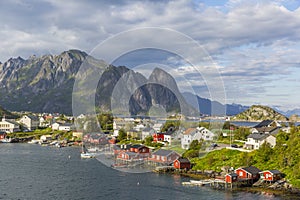 Beautiful fishing village of Reine in the sunset light, Lofoten islands