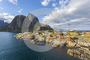 Beautiful fishing village of Reine in the sunset light, Lofoten islands