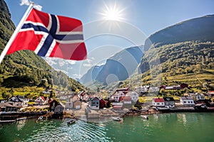 Beautiful Fishing village Undredal against mountain near the Flam in Norway