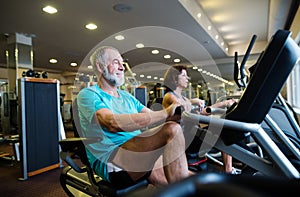Beautiful fit senior couple in gym doing cardio work out.
